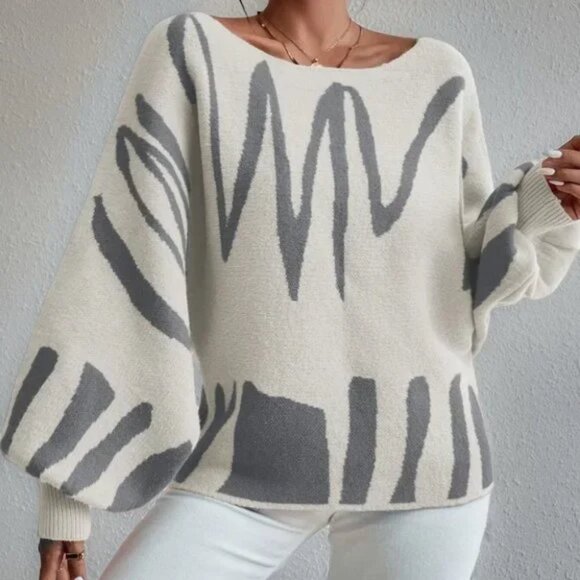 graphic scribble print lantern sleeve sweater top - Picture 1 of 7